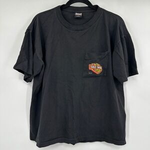 Vintage Harley Davidson Off The Scale Globe Pocket T-Shirt Black Large Fun-Wear